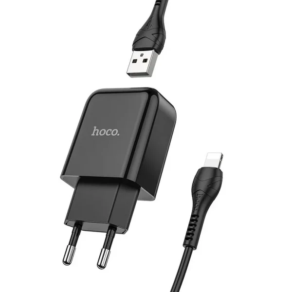 Hoco N2 Vigour Φορτιστής Τοίχου USB 2A Μαύρο +Καλώδιο (USB-A/Lightning)