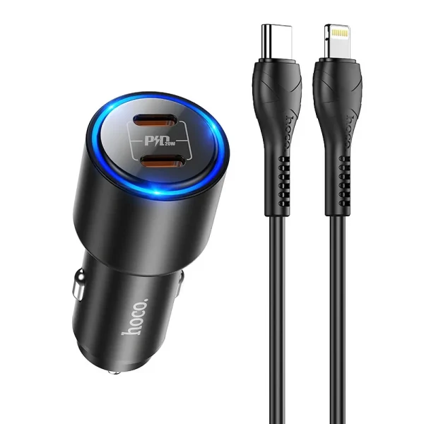 Hoco NZ3 Car Charger PD Dual Port Set with Cable Type-C to Lightning Black