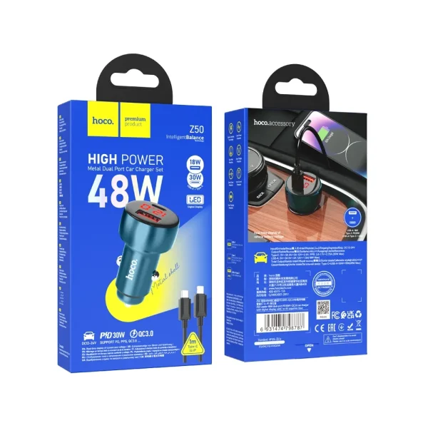 Hoco Z50 Car Charger USB QC 3.0+Type C PD 48W Sapphire Blue (Cable Type-C to Type-C) - Image 5