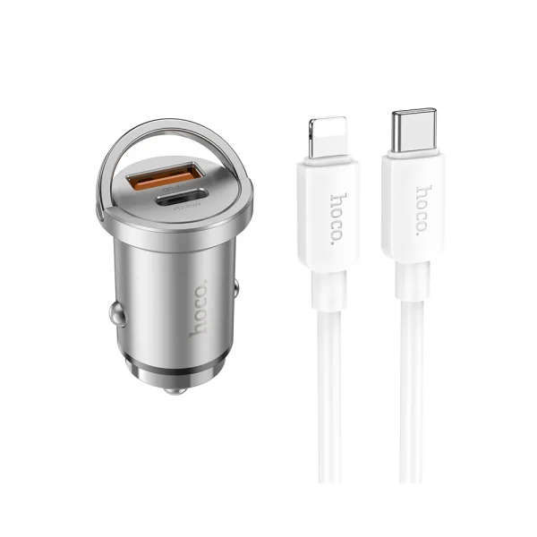Hoco NZ10 Car Charger USB QC3.0 18W+Type-C PD 45W Silver (Cable Type-C to Lightning)