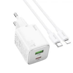 Hoco N41 Charger USB-A+Type-C PD20W+QC3.0 White + Cable Type-C to Lightning