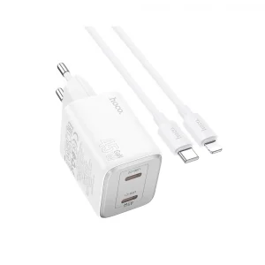 Hoco N42 Charger 2xType-C PD QC 45W GaN White + Cable Set Type-C to Lightning