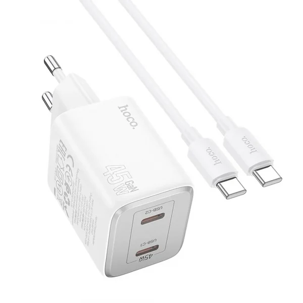 Hoco N42 Charger 2xType-C PD QC 45W GaN White + Cable Set Type-C to Type-C