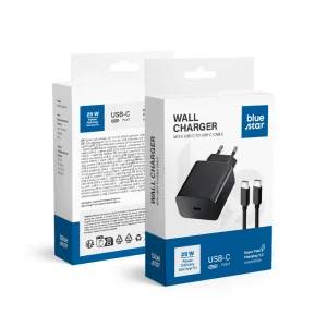 Blue Star Travel Charger with USB-C Socket PD/25W-QC 4.0 Black + Type-C Cable