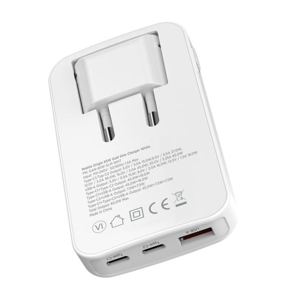 Mobile Origin 65W GaN III Slim Charger dual USB-C Single USB-A White (GAN-65W-SLM-WHT) - Image 4