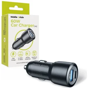 Φορτιστής αυτοκινήτου Mobile Origin 60W Dual Port με USB-C PD και USB-A Quick Charge σε μαύρο χρώμα