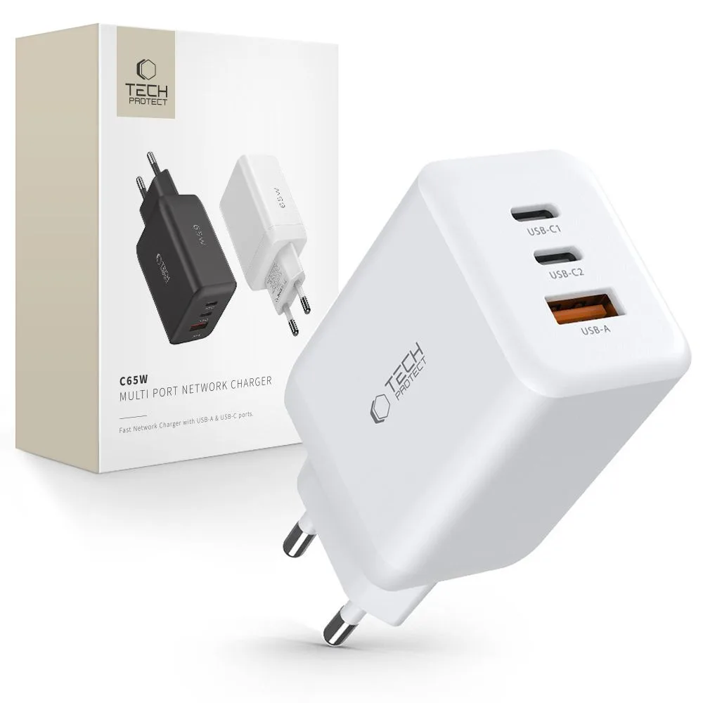 Φορτιστής τοίχου Tech-Protect C65W 3 θυρών USB-C USB-A PD 65W QC3.0 λευκός