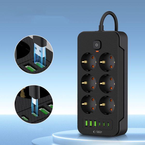 TECH-PROTECT PC6X6 POWER STRIP 3 USB & 3 TYPE-C & 6 SOCKET 200CM BLACK - Image 3