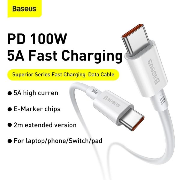 Baseus Cable Type C to Type C PD100W Power Delivery Superior Series Fast Charging CATYS-C02 2m White - Image 7