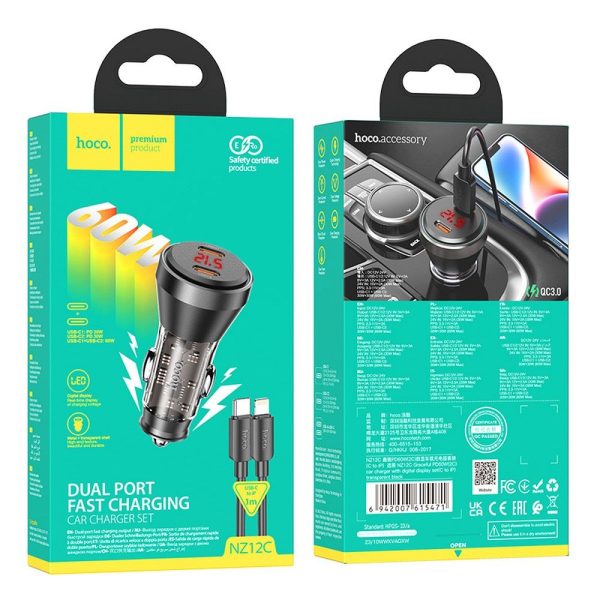 Hoco NZ12C Car Charger 2 x Type C with digital display + Cable Type C to Lightning PD QC3.0 3A 60W transparent Black - Image 2