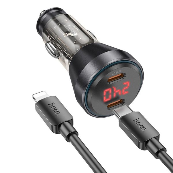 Hoco NZ12C Car Charger 2 x Type C with digital display + Cable Type C to Lightning PD QC3.0 3A 60W transparent Black - Image 5