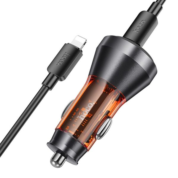 Hoco NZ12C Car Charger 2 x Type C with digital display + Cable Type C to Lightning PD QC3.0 3A 60W transparent orange - Image 3