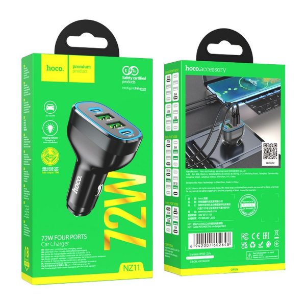 Hoco Car Charger 2 x USB A + 2 x Typ C PD QC 72W NZ11 Black - Image 5