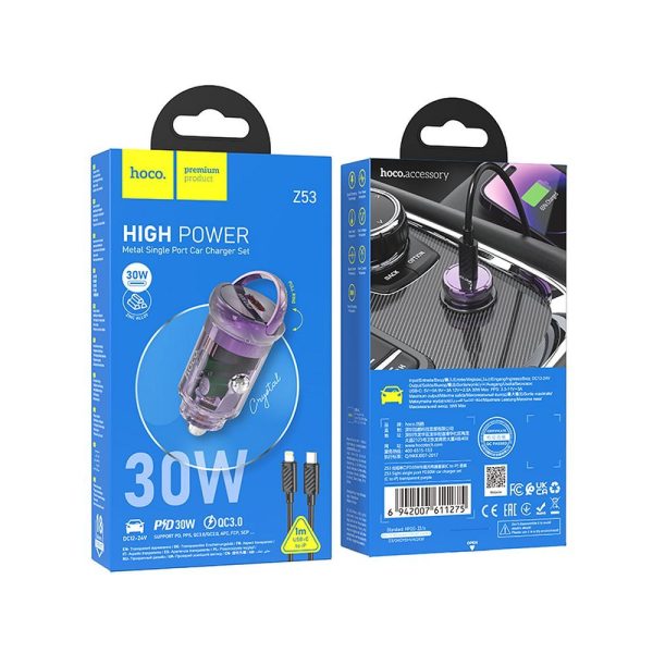 Hoco Car Charger Type C + Cable Type C to Lightning PD QC3.0 30W Z53 Purple - Image 4