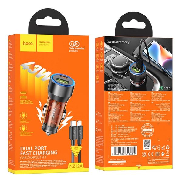 Hoco Car Charger USB A + Type C + Cable Type C do Lightning PD QC3.0 3A 43W NZ12A transparent orange - Image 4