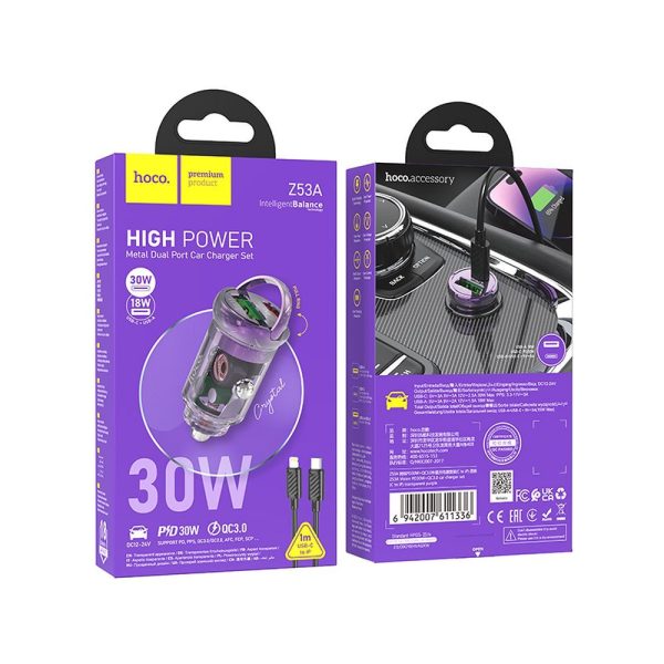 Hoco Car Charger USB A + Type C + Cable Type C to Lightning PD QC3.0 3A 30W Z53A Purple - Image 4