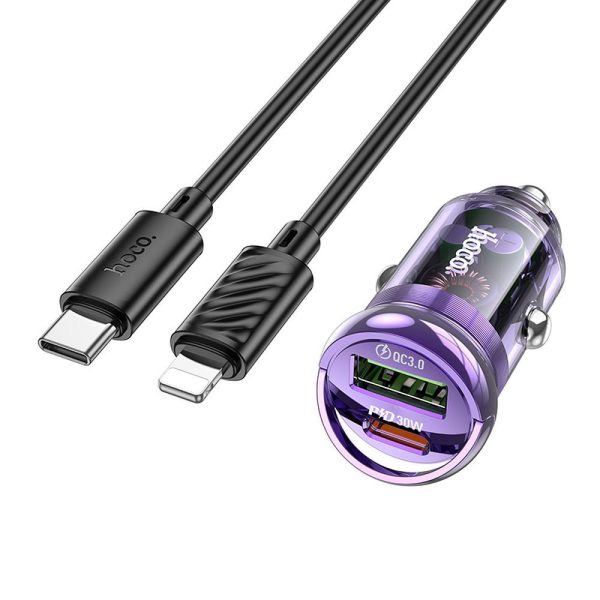 HOCO car charger USB A + Type C + cable Type C to Lightning PD QC3.0 3A 30W Z53A purple