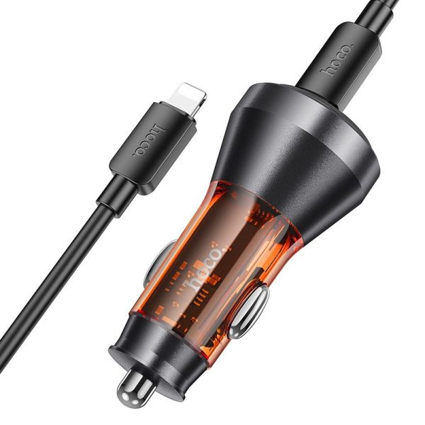 Hoco Car Charger USB A + Type C with digital display + Cable Type C to Lightning PD QC3.0 3A 48W NZ12B transparent orange - Image 3