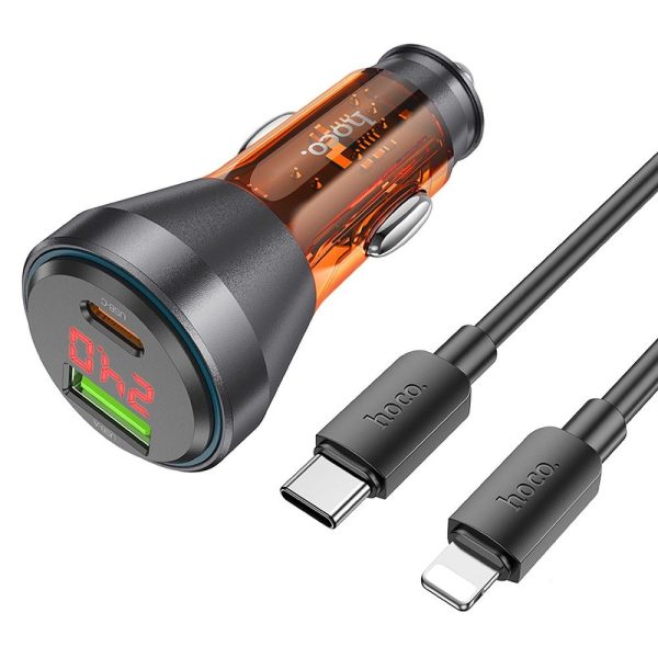 HOCO car charger USB A + Type C with digital display + cable Type C to Lightning PD QC3.0 3A 48W NZ12B transparent orange