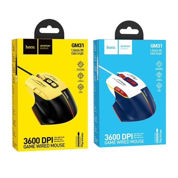 Hoco gaming wire USB A computer mouse 3600DPI black yellow - Image 6