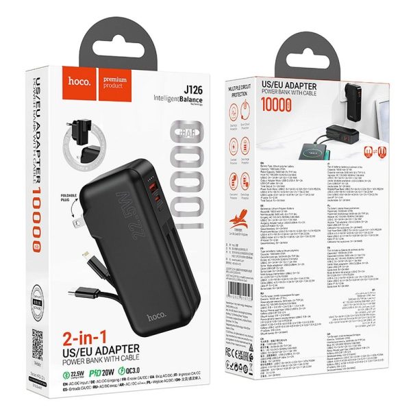 Hoco Power Bank 10.000mAh with built-in socket EU / US and Cables Type C + Ligthning QC PD 3A 22,5W J126 Black - Image 6