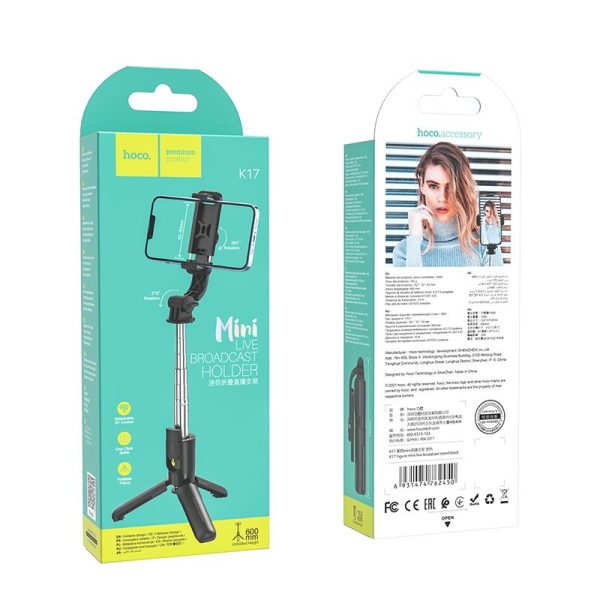 Hoco selfie stick with Bluetooth remote control tripod K17 Black - Image 3