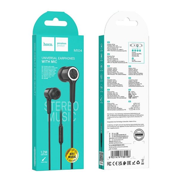 HOCO wire earphones Jack 3,5 mm with microphone M104 black - Image 8