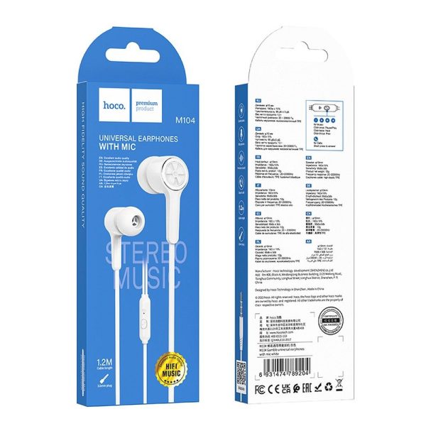 Hoco wire Earphones  Jack 3,5mm with Microphone  M104 White - Image 3