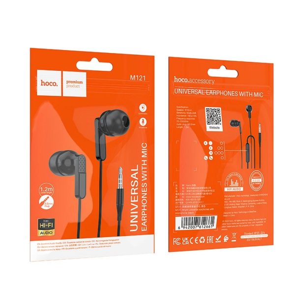 HOCO wire earphones Jack 3,5 mm with microphone M121 black - Image 6