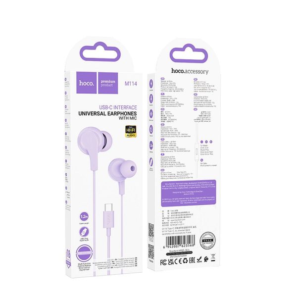 Hoco wire Earphones  Type C with Microphone  M114 Purple - Image 5