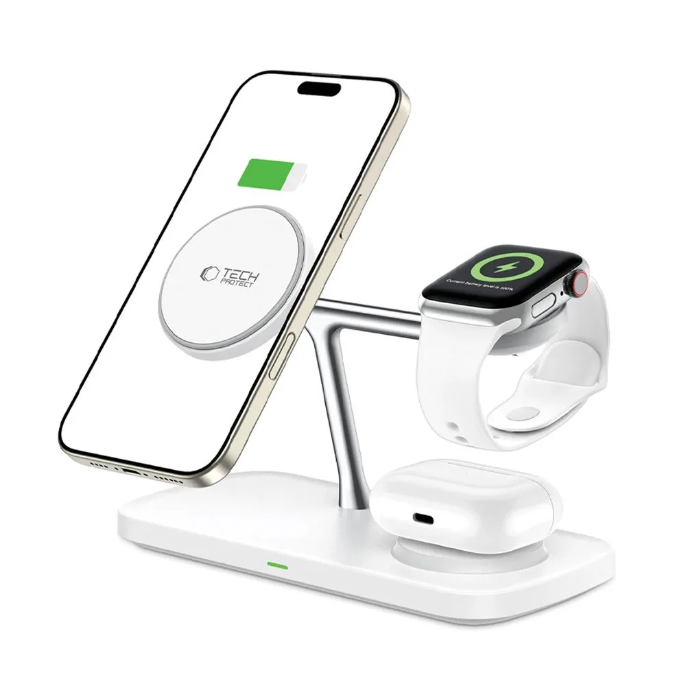 TECH-PROTECT QI15W-A45 3IN1 MAGNETIC MAGSAFE WIRELESS CHARGER WHITE - Image 2