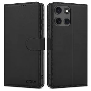 Μαύρη θήκη βιβλίο Tech-Protect Wallet από οικολογικό δέρμα για Motorola Moto G15 και Moto G17 με θήκες καρτών