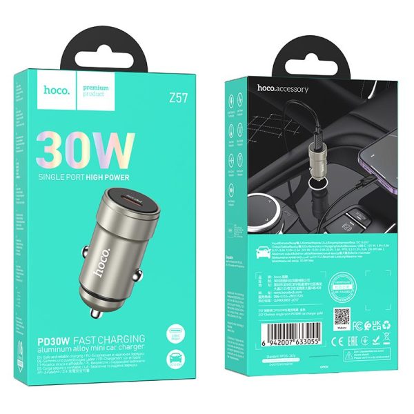 Hoco Car Charger Type C PD QC 30W Z57 Metal Grey - Image 4