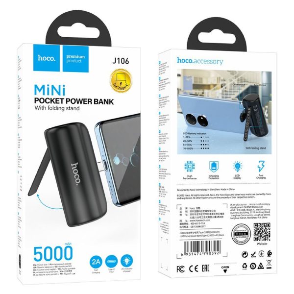 Hoco Power Bank 5000mAh with built-in connector Type C 2A J106 black - Image 6