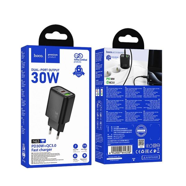 Hoco Wall Charger USB A + Type C PD QC3.0 3A 30W N63 Black - Image 6