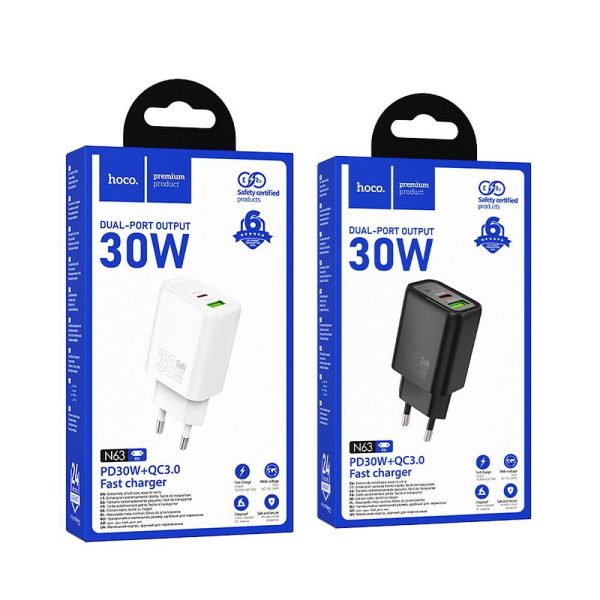 Hoco Wall Charger USB A + Type C PD QC3.0 3A 30W N63 Black - Image 7