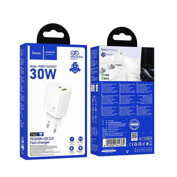 Hoco Wall Charger USB A + Type C PD QC3.0 3A 30W N63 White - Image 5