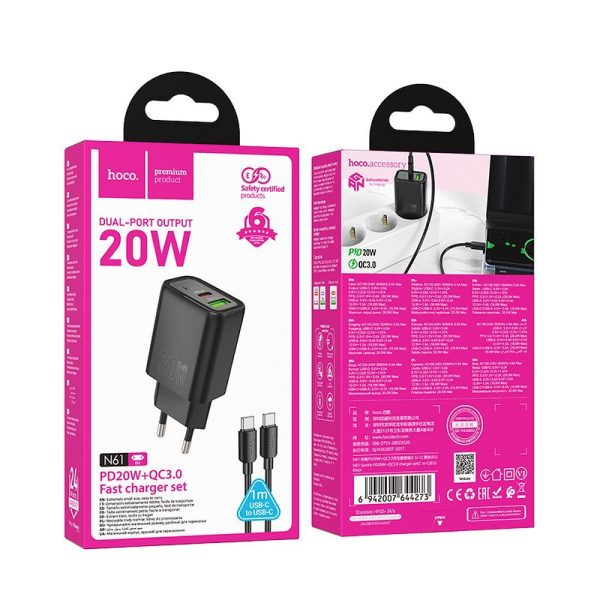 Hoco Wall Charger USB A + Type C + cable Type C to Lightning PD QC3.0 3A 20W N61 Black - Image 6