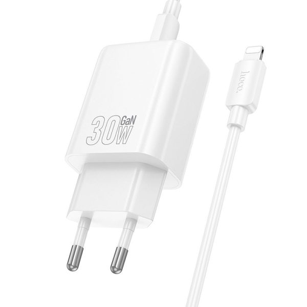 Hoco Wall Charger USB A + Type C + cable Type C to Lightning PD QC3.0 3A 30W N63 White - Image 3