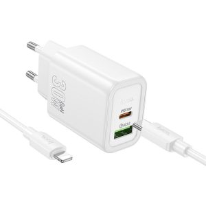 HOCO wall charger USB A + Type C + cable Type C to Lightning PD QC3.0 3A 30W N63 white