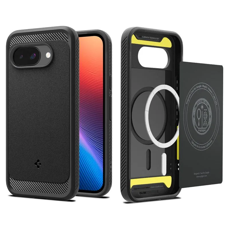 Θήκη Spigen Rugged Armor MagSafe Matte Black για Google Pixel 9a με Carbon Fiber λεπτομέρειες
