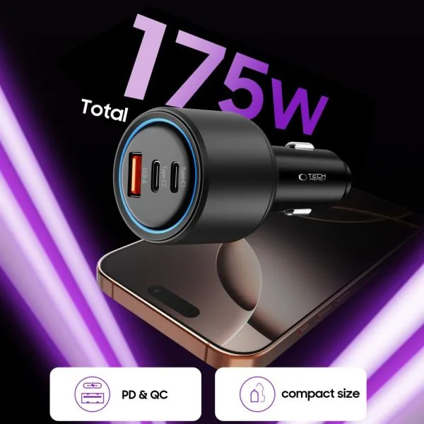 TECH-PROTECT CC04 3-PORT CAR CHARGER PD175W BLACK - Image 4