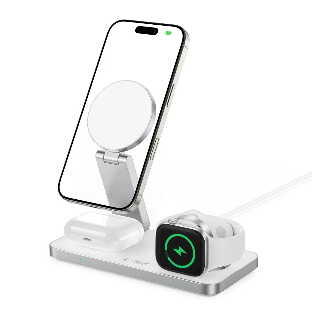 TECH-PROTECT QI15W-A47 3IN1 MAGNETIC MAGSAFE WIRELESS CHARGER WHITE - Image 2