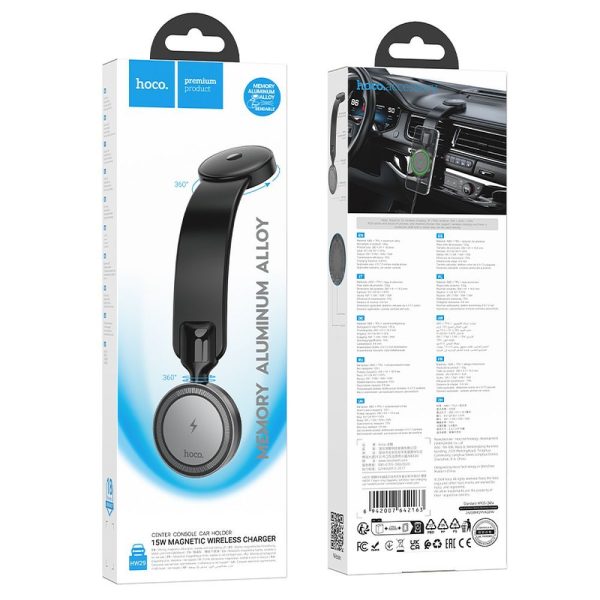 HOCO car holder with wireless charging for center console compatible with MagSafe 15W HW29 black metal gray - Image 8