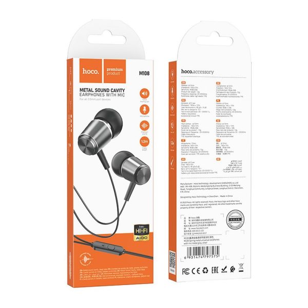 HOCO wire earphones Jack 3,5 mm with microphone M108 metal gray - Image 5