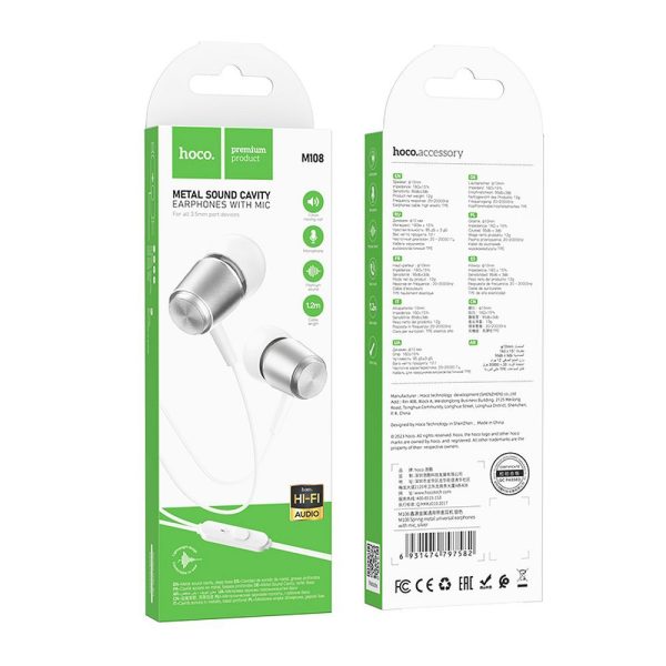 HOCO wire earphones Jack 3,5 mm with microphone M108 silver - Image 6