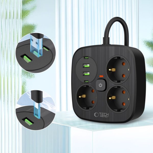 TECH-PROTECT PCS3X4 POWER STRIP 2 USB & 2 TYPE-C & 3 SOCKET 200CM BLACK - Image 3