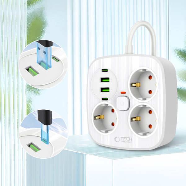 TECH-PROTECT PCS3X4 POWER STRIP 2 USB & 2 TYPE-C & 3 SOCKET 200CM WHITE - Image 3