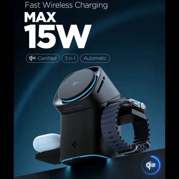 SPIGEN ESSENTIAL EF223MS 3IN1 QI2 ROTARY MAGNETIC MAGSAFE WIRELESS CHARGER BLACK (ACH09542) - Image 4