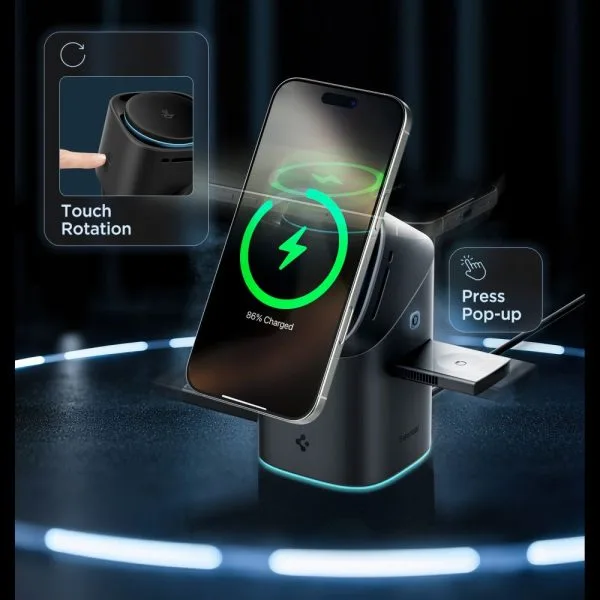 SPIGEN ESSENTIAL EF223MS 3IN1 QI2 ROTARY MAGNETIC MAGSAFE WIRELESS CHARGER BLACK (ACH09542) - Image 6